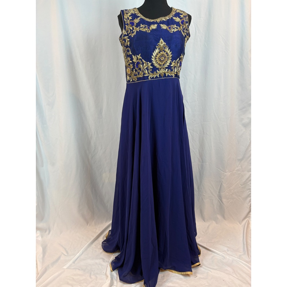 Royal Blue Gold Embroidered Anarkali Gown Sleeveless Formal Indian Dress